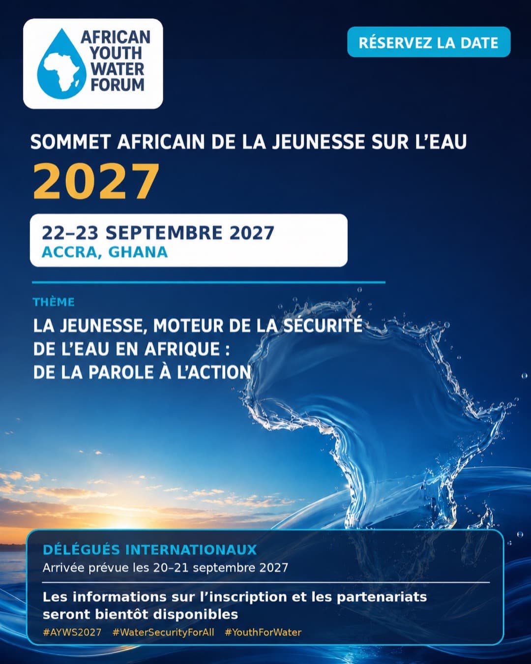 Affiche « Réservez la date » du Sommet Africain de la Jeunesse sur l'Eau 2027 — 22–23 septembre 2027, Accra, Ghana.